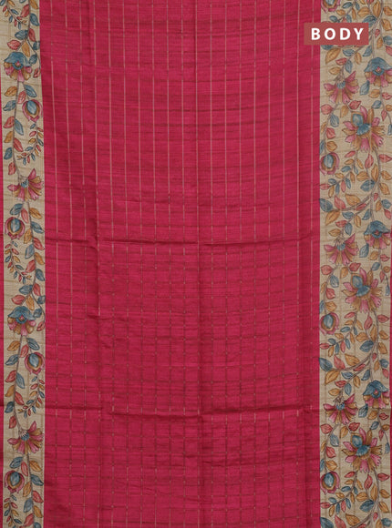 Semi tussar saree pink and beige with allover zari checked pattern and kalamkari printed pallu