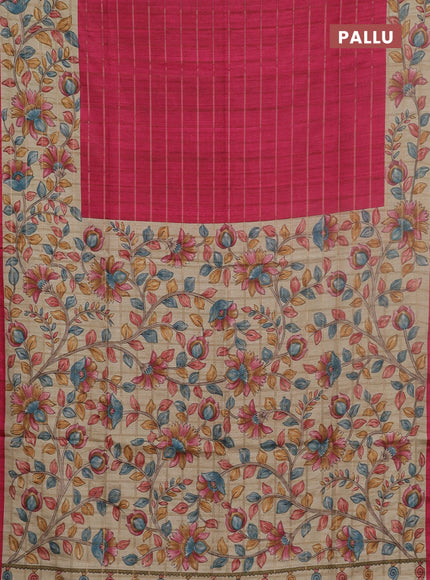 Semi tussar saree pink and beige with allover zari checked pattern and kalamkari printed pallu