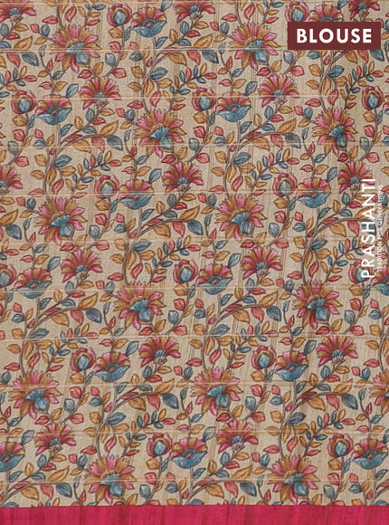 Semi tussar saree pink and beige with allover zari checked pattern and kalamkari printed pallu