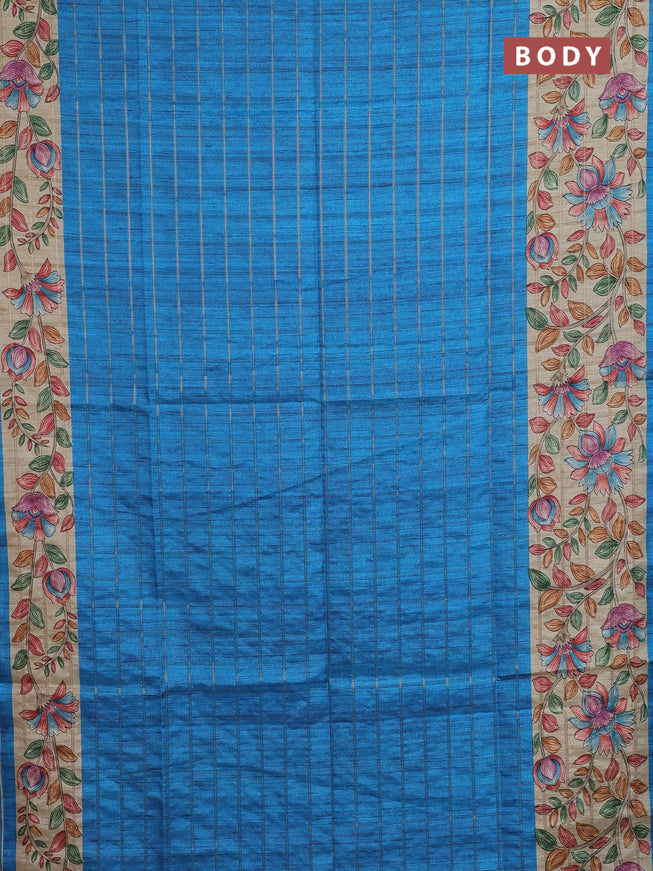 Semi tussar saree cs blue and beige with allover zari checked pattern and kalamkari printed pallu