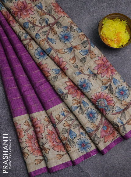 Semi tussar saree purple and beige with allover zari checked pattern and kalamkari printed pallu