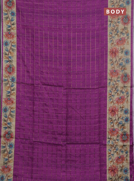 Semi tussar saree purple and beige with allover zari checked pattern and kalamkari printed pallu