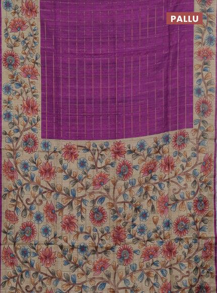 Semi tussar saree purple and beige with allover zari checked pattern and kalamkari printed pallu