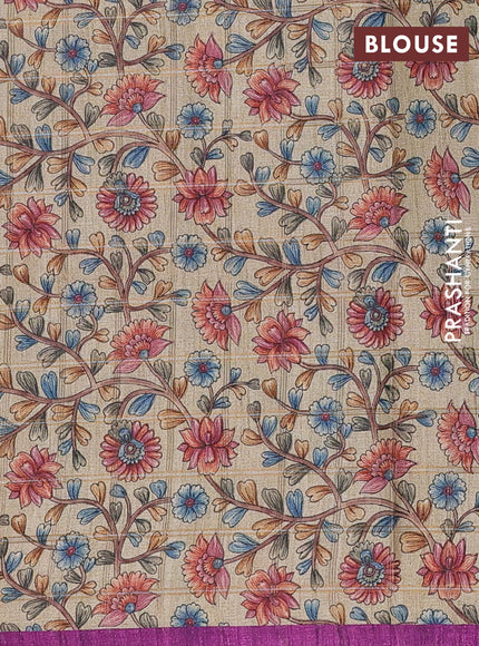Semi tussar saree purple and beige with allover zari checked pattern and kalamkari printed pallu