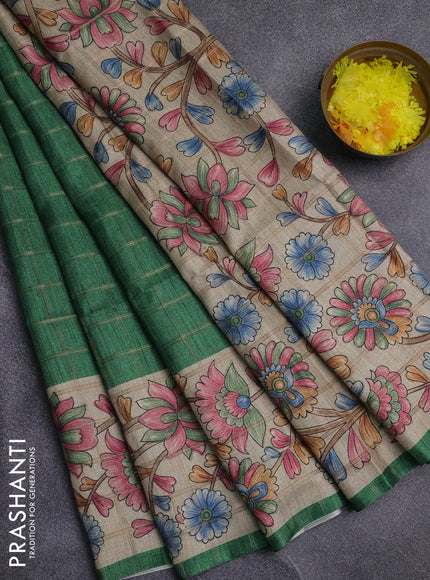 Semi tussar saree green and beige with allover zari checked pattern and kalamkari printed pallu