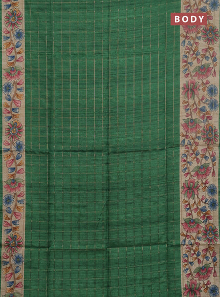 Semi tussar saree green and beige with allover zari checked pattern and kalamkari printed pallu