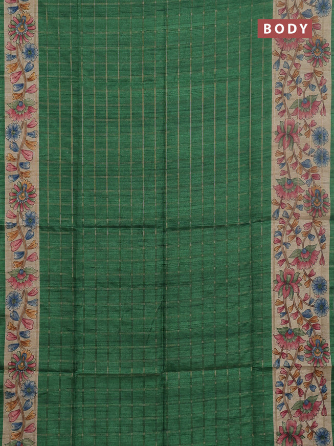 Semi tussar saree green and beige with allover zari checked pattern and kalamkari printed pallu