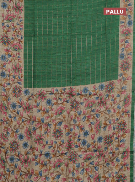Semi tussar saree green and beige with allover zari checked pattern and kalamkari printed pallu