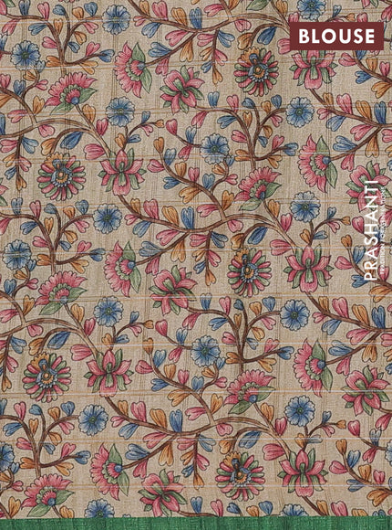Semi tussar saree green and beige with allover zari checked pattern and kalamkari printed pallu