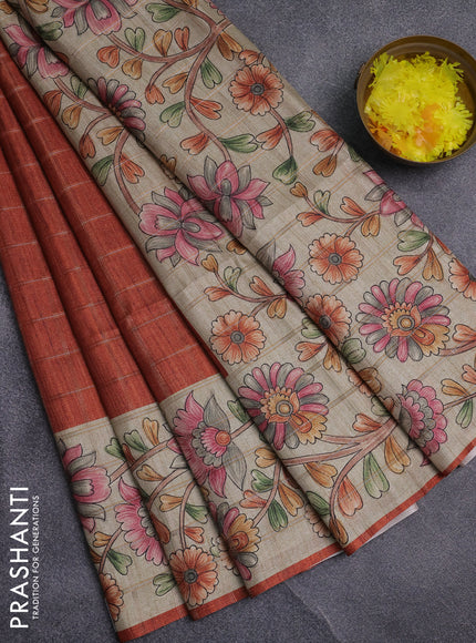 Semi tussar saree rust shade and beige with allover zari checked pattern and kalamkari printed pallu