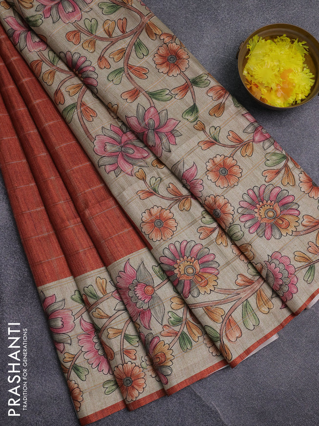 Semi tussar saree rust shade and beige with allover zari checked pattern and kalamkari printed pallu
