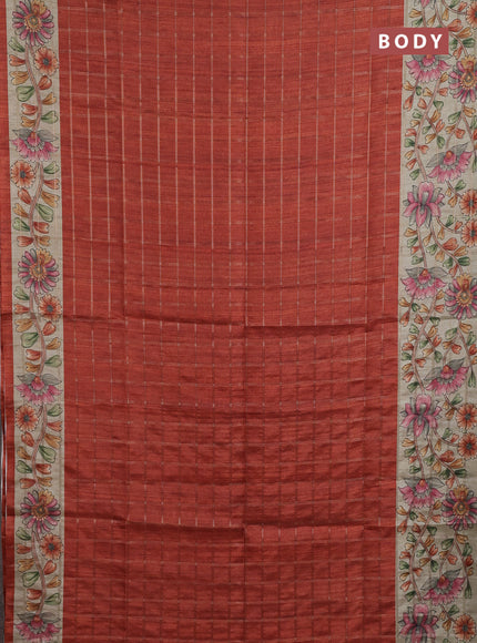 Semi tussar saree rust shade and beige with allover zari checked pattern and kalamkari printed pallu