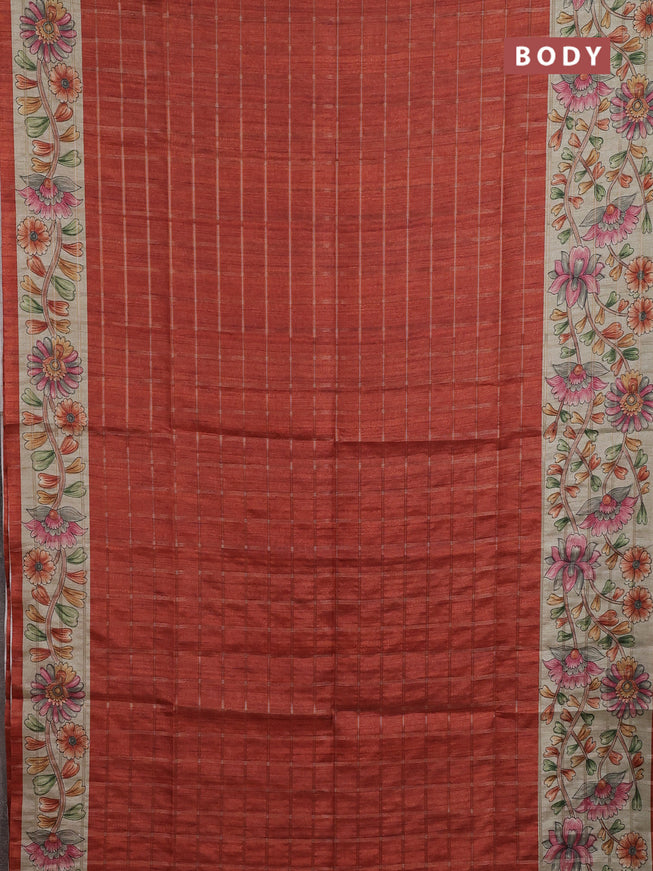Semi tussar saree rust shade and beige with allover zari checked pattern and kalamkari printed pallu