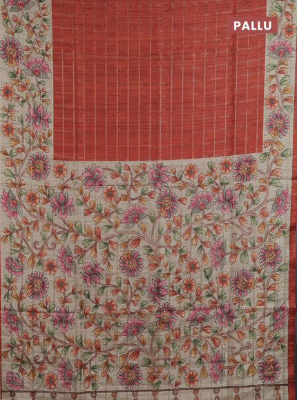 Semi tussar saree rust shade and beige with allover zari checked pattern and kalamkari printed pallu