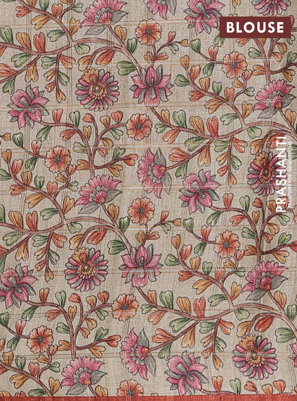 Semi tussar saree rust shade and beige with allover zari checked pattern and kalamkari printed pallu