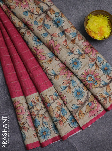 Semi tussar saree pink and beige with allover zari checked pattern and kalamkari printed pallu