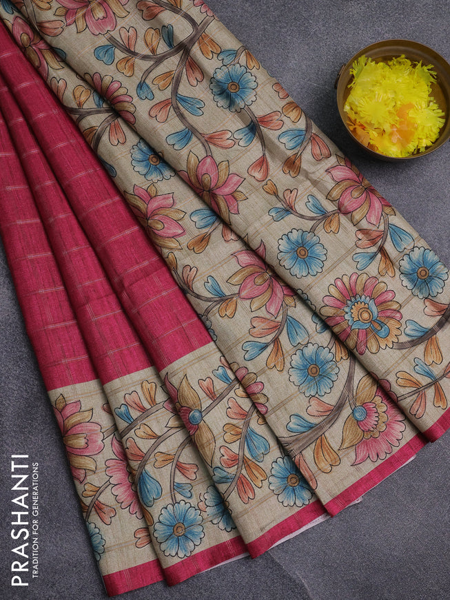 Semi tussar saree pink and beige with allover zari checked pattern and kalamkari printed pallu