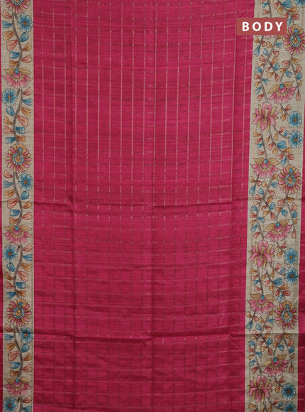 Semi tussar saree pink and beige with allover zari checked pattern and kalamkari printed pallu