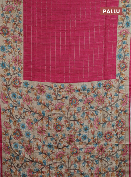 Semi tussar saree pink and beige with allover zari checked pattern and kalamkari printed pallu