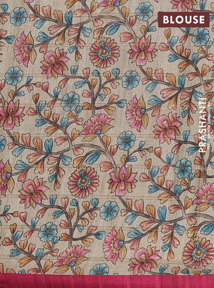 Semi tussar saree pink and beige with allover zari checked pattern and kalamkari printed pallu