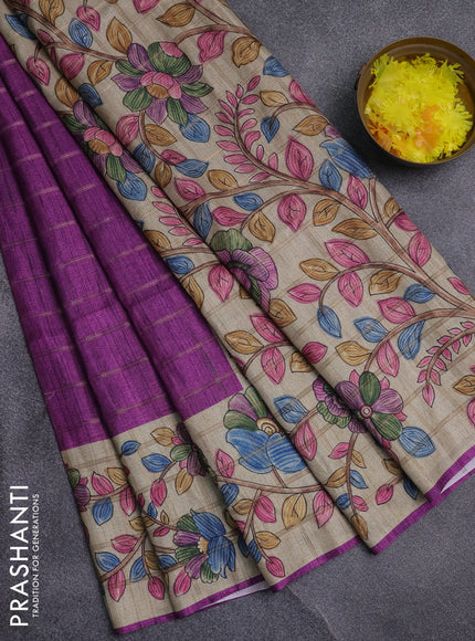 Semi tussar saree purple and beige with allover zari checked pattern and kalamkari printed pallu