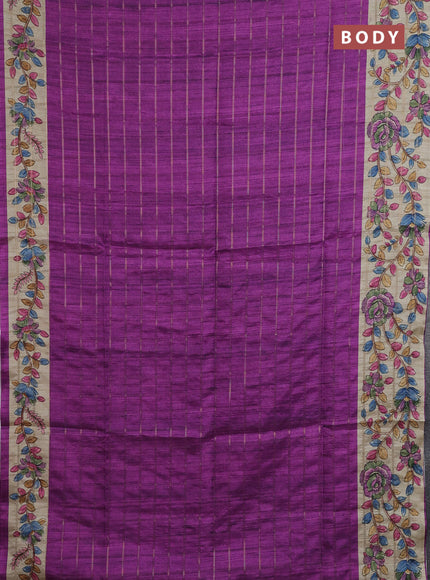 Semi tussar saree purple and beige with allover zari checked pattern and kalamkari printed pallu