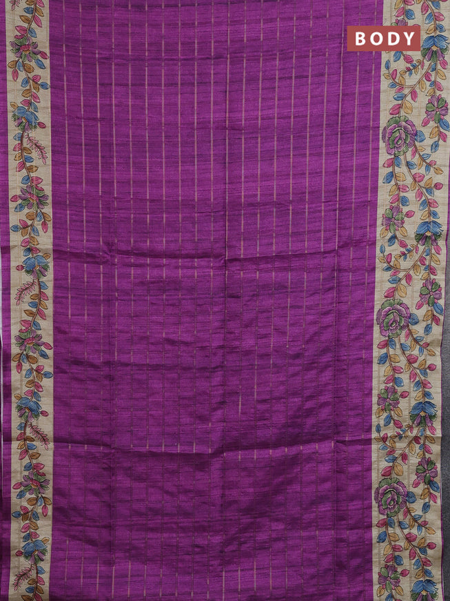 Semi tussar saree purple and beige with allover zari checked pattern and kalamkari printed pallu