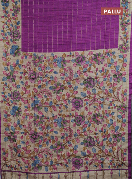 Semi tussar saree purple and beige with allover zari checked pattern and kalamkari printed pallu