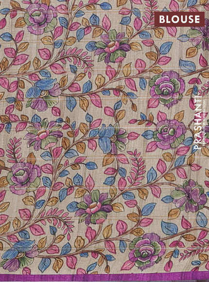 Semi tussar saree purple and beige with allover zari checked pattern and kalamkari printed pallu