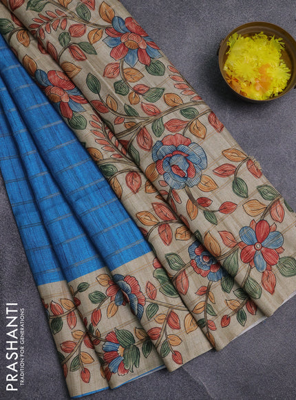 Semi tussar saree cs blue and beige with allover zari checked pattern and kalamkari printed pallu