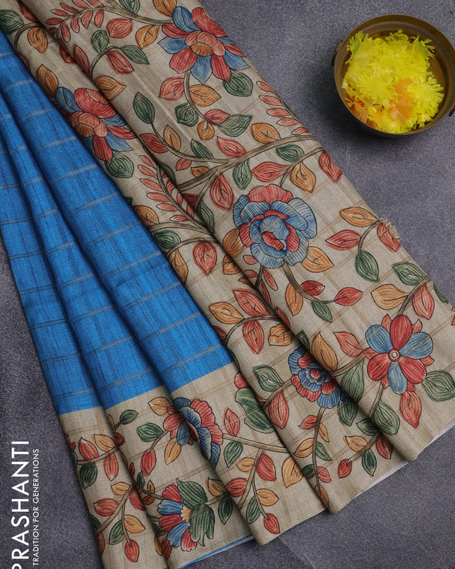 Semi tussar saree cs blue and beige with allover zari checked pattern and kalamkari printed pallu