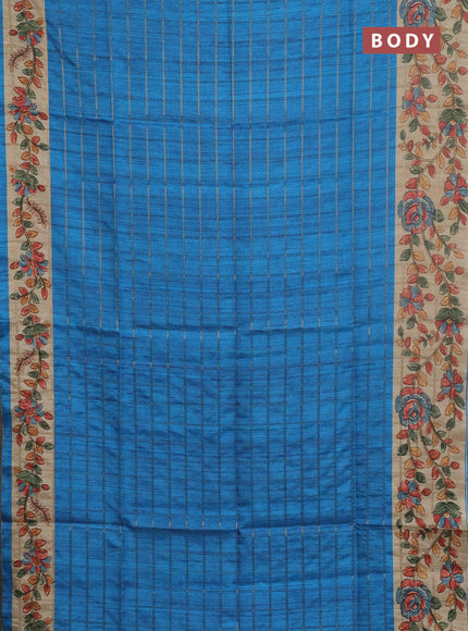 Semi tussar saree cs blue and beige with allover zari checked pattern and kalamkari printed pallu