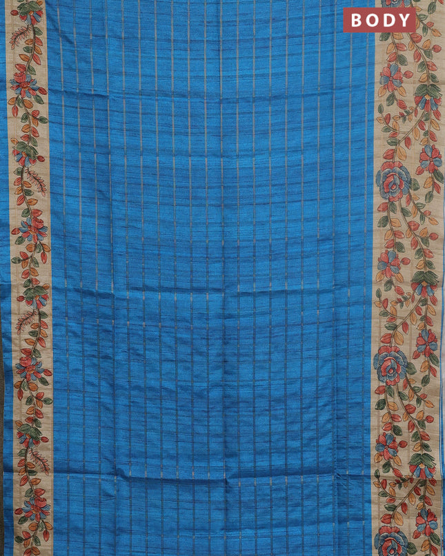 Semi tussar saree cs blue and beige with allover zari checked pattern and kalamkari printed pallu