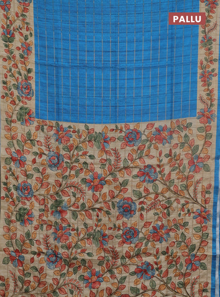 Semi tussar saree cs blue and beige with allover zari checked pattern and kalamkari printed pallu