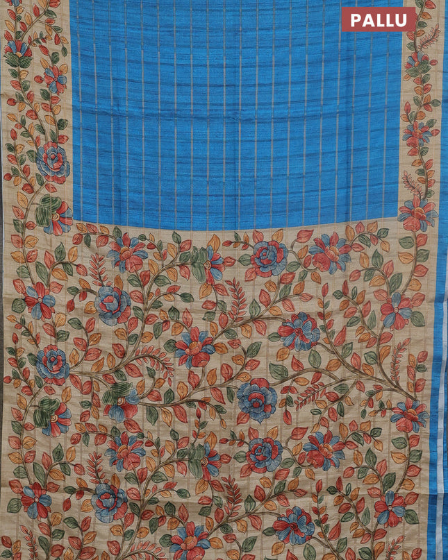 Semi tussar saree cs blue and beige with allover zari checked pattern and kalamkari printed pallu