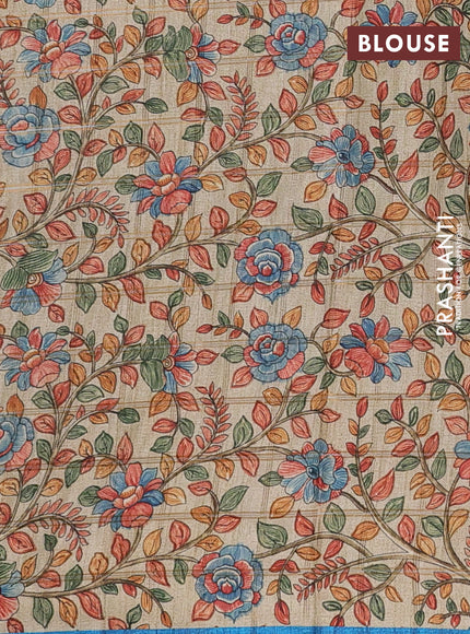 Semi tussar saree cs blue and beige with allover zari checked pattern and kalamkari printed pallu