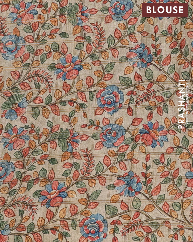 Semi tussar saree cs blue and beige with allover zari checked pattern and kalamkari printed pallu