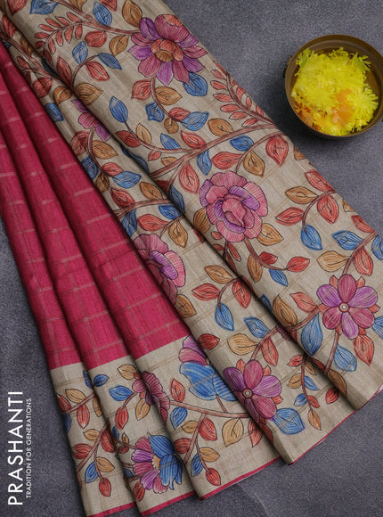Semi tussar saree pink and beige with allover zari checked pattern and kalamkari printed pallu