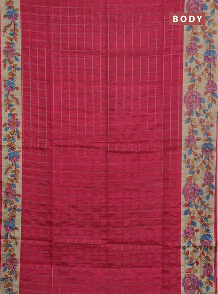 Semi tussar saree pink and beige with allover zari checked pattern and kalamkari printed pallu