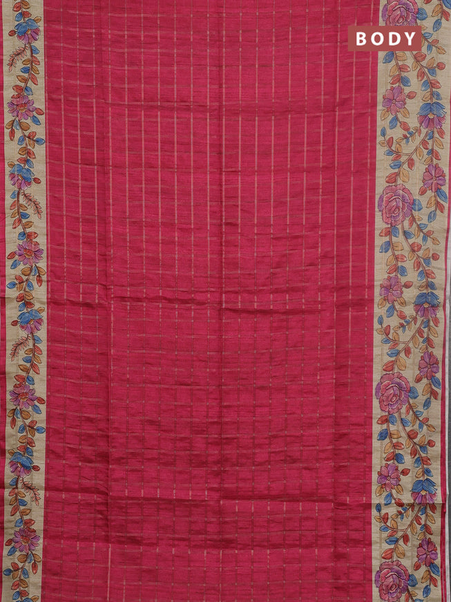 Semi tussar saree pink and beige with allover zari checked pattern and kalamkari printed pallu