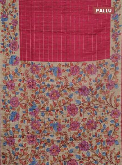 Semi tussar saree pink and beige with allover zari checked pattern and kalamkari printed pallu