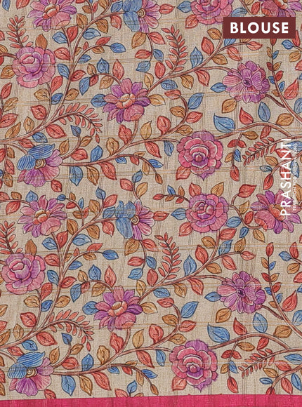 Semi tussar saree pink and beige with allover zari checked pattern and kalamkari printed pallu
