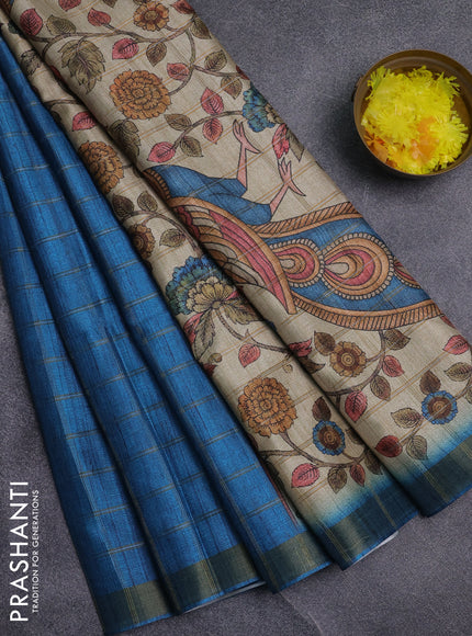 Semi tussar saree cs blue and beige with allover zari checked pattern and kalamkari printed pallu
