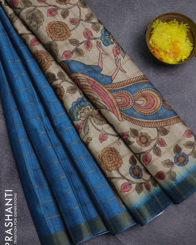 Semi tussar saree cs blue and beige with allover zari checked pattern and kalamkari printed pallu
