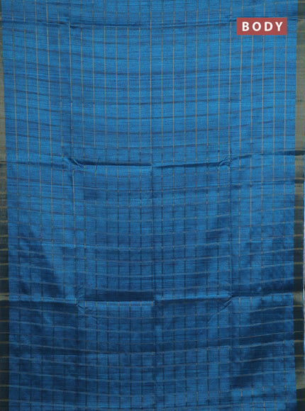 Semi tussar saree cs blue and beige with allover zari checked pattern and kalamkari printed pallu