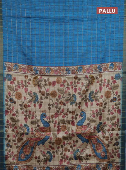 Semi tussar saree cs blue and beige with allover zari checked pattern and kalamkari printed pallu