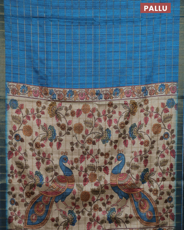Semi tussar saree cs blue and beige with allover zari checked pattern and kalamkari printed pallu