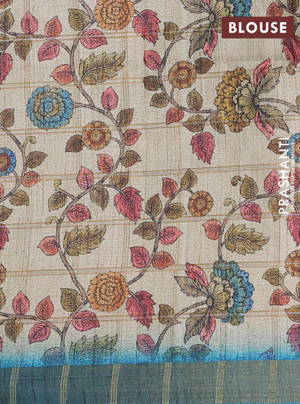 Semi tussar saree cs blue and beige with allover zari checked pattern and kalamkari printed pallu