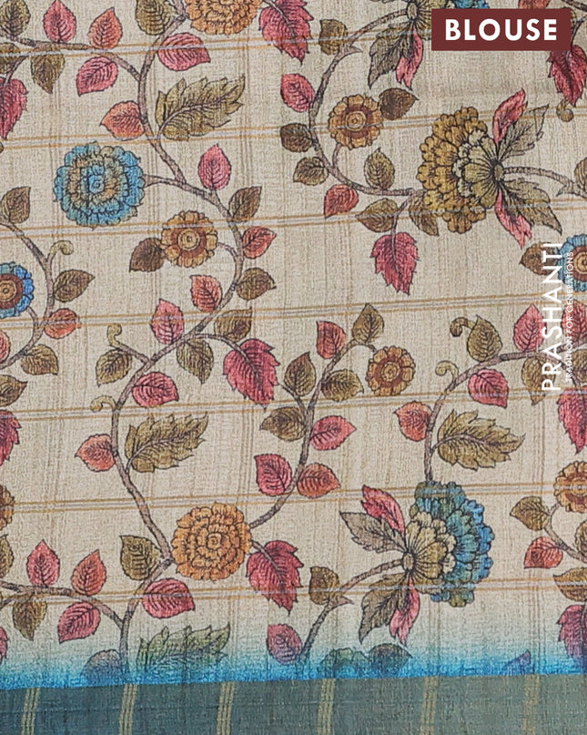 Semi tussar saree cs blue and beige with allover zari checked pattern and kalamkari printed pallu