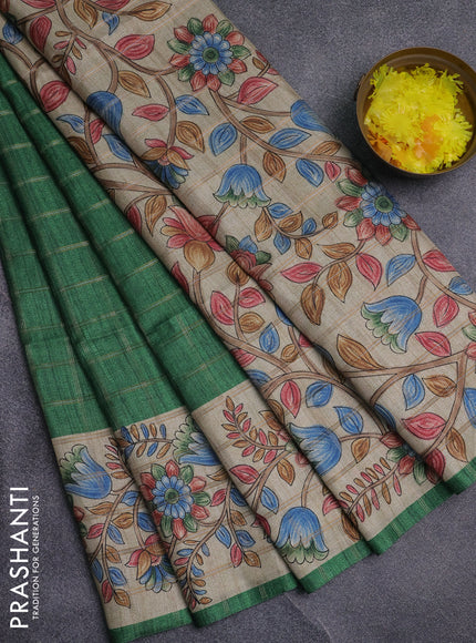 Semi tussar saree green and beige with allover zari checked pattern and kalamkari printed pallu